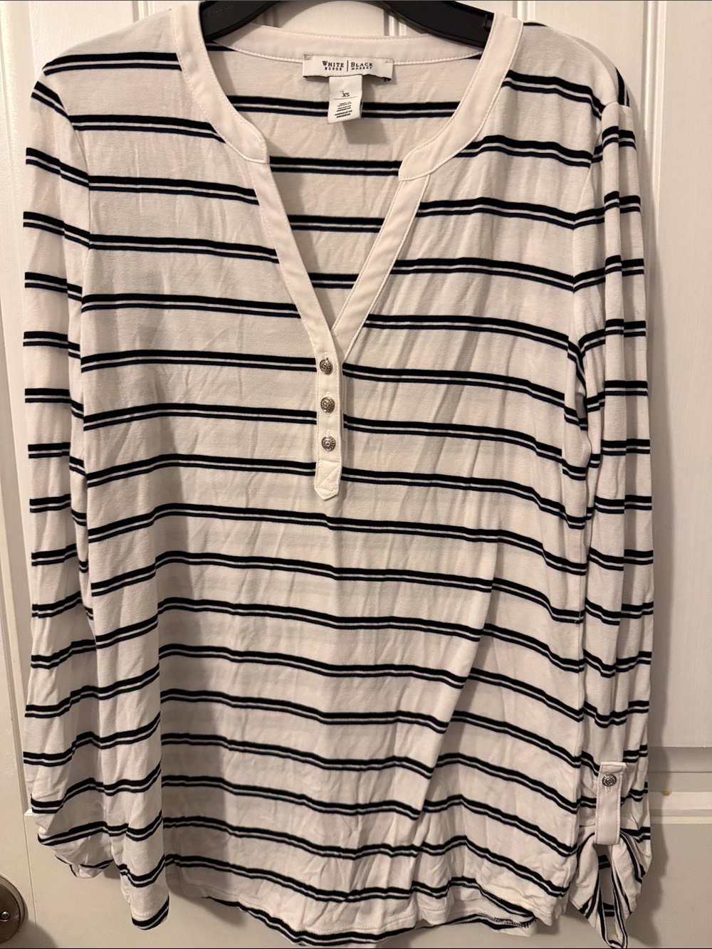 White House Black Market White & Black Stripe Henley Long-Sleeve Top